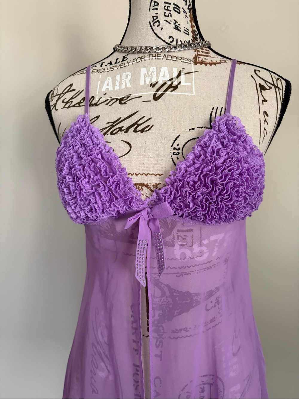 Y2K La Senza Lavender Sheer Mesh Babydoll Ruffle Lingerie Top - Picture 2 of 9